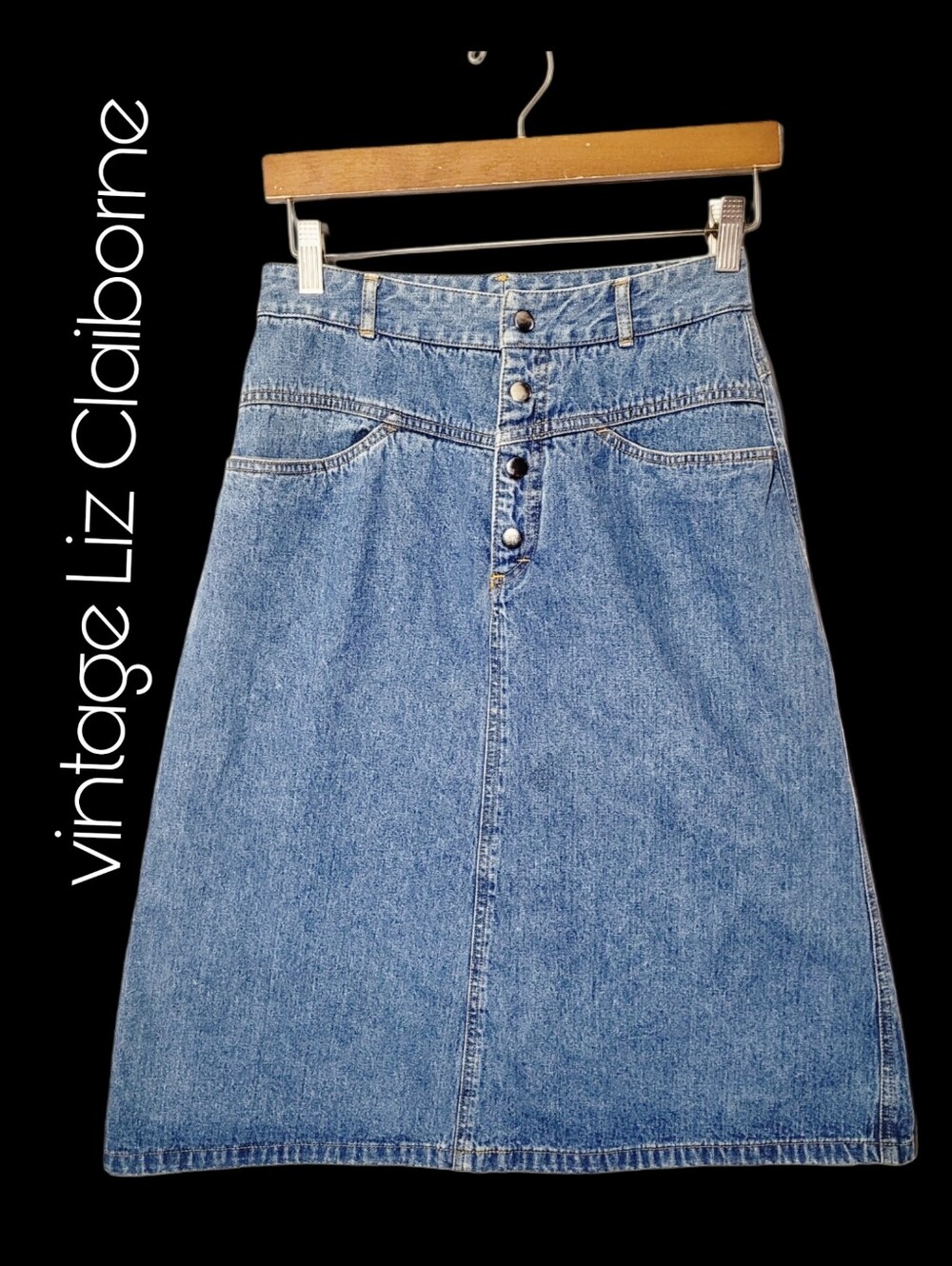Vintage 80s Liz Claiborne Blue Denim Button Down Midi Skirt